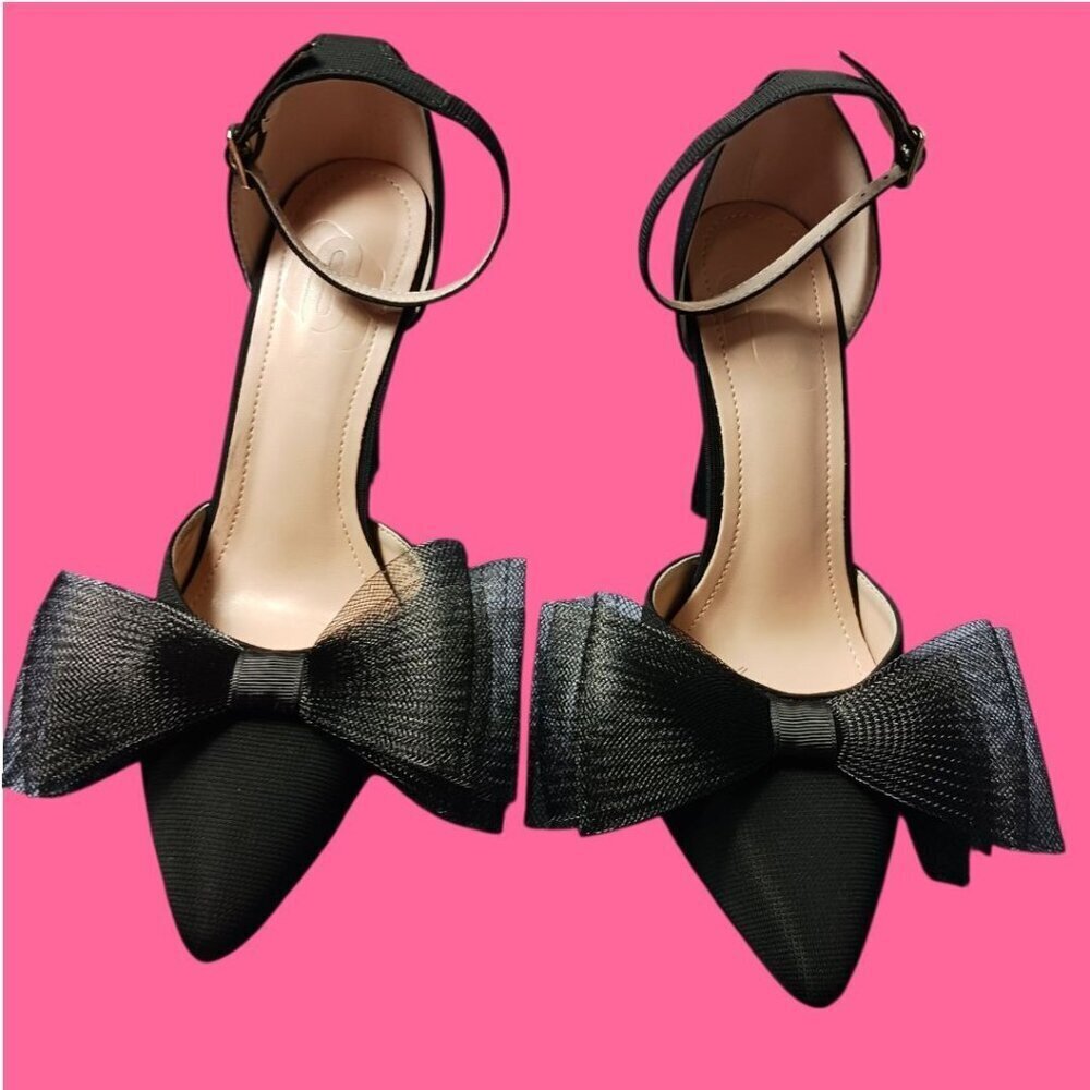 Pointed Toe Heels With Tulle Bow Detail & Ankle Strap Elegant Womens  Size 37
